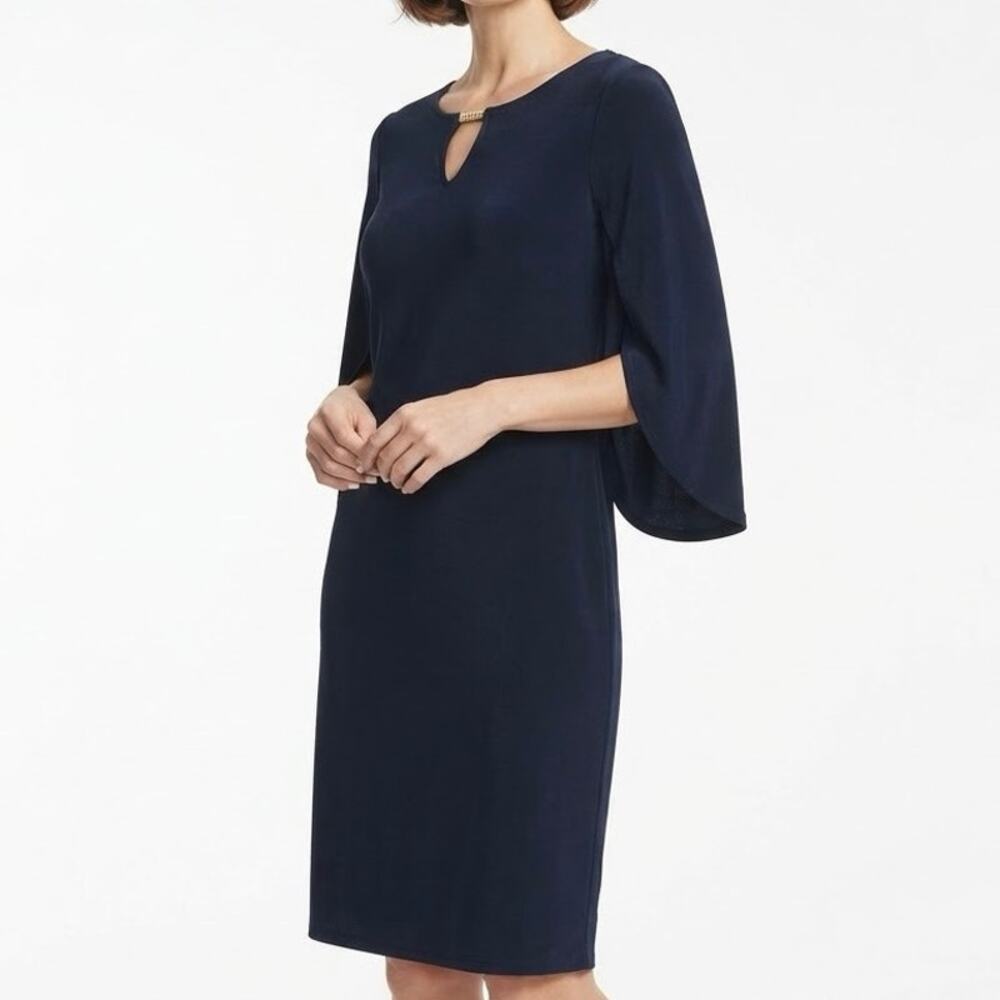 Chicos Travelers Navy Blue Gold Hardware Split Bell Sleeve Dress Sz 1 / US 8-10